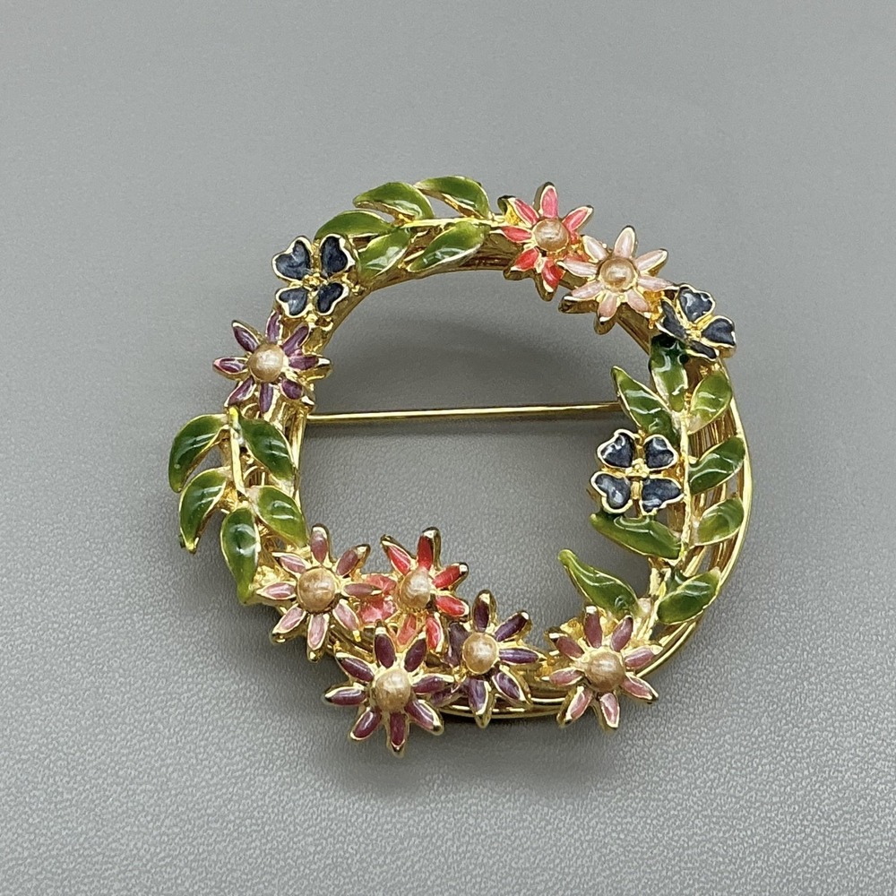 Gold Tone Multicolor Enamel Flower Wreath Brooch Pin Faux Pearl Costume Jewelry